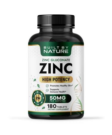 Built By Nature Zinc 50 mg Zinc Gluconate for Highly-Absorbable Immune & Antioxidant Support Promotes Skin Eye & Immune Health Non-GMO Gluten-Free 180 Tablets