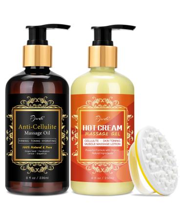 Anti Cellulite Massage Oil & Hot Cream Set with Massager Natural Cellulite Remover Oil & Massager for Legs Arms and Butt Firm Tighten & Moisturize Skin Soothes Muscles (8 Fl Oz)