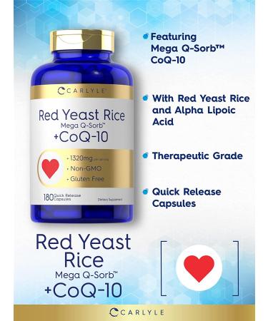 Mega Q-Sorb CoQ10 with Red Yeast Rice 1200mg | 180 Capsules | Non-GMO Gluten Free by Carlyle - Buy Online on GoSupps.com