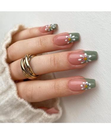 IMSOHOT Glossy Flower Press on Nails Medium Length Green Coffin Fake Nails French Cute False Nails Ballerina Glue on Nails for Women and Girls C-11