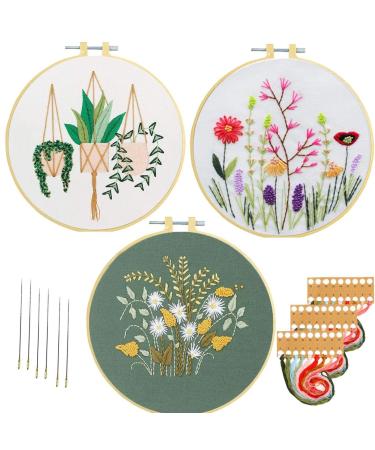 Nuberlic 3 Pack Embroidery Kits for Beginners Starters Cross Stitch Kits with Pattern for Adults Kids Craft Stamped Embroidery Cloth 3 Hoops Threads Needles color 2