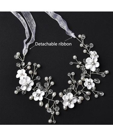 Bridal Hair Accessories Flower Wedding Hair Vine Rhinestone Crystal Headpiece With Detachable Ribbon Bridal Pearl Hair Style Accessories For Bridesmaid Women Lady Prom Party - Buy Online on GoSupps.com