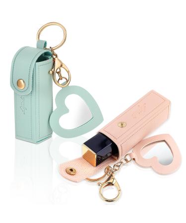 Ouligay 2 Pieces Leather Lipstick Cases Portable Lipstick Keychain Holder Chapstick HolderChapstick Keychain Holder for Women Party Holiday Gifts(Green Pink)