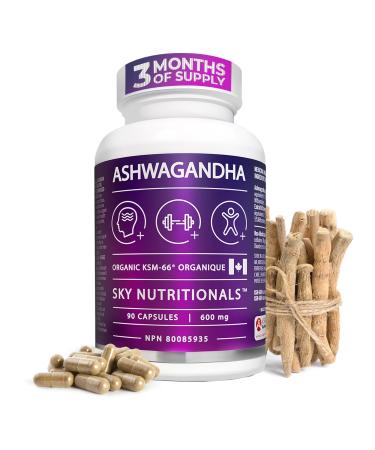 Sky Nutritionals 100% Pure Ashwagandha KSM-66 Capsules | 3 MONTH SUPPLY (90 x 600 MG) | Organic Full Spectrum KSM-66 Ashwagandha Supplement | Tension Relief & Resistance Memory Support & Sleep Aid 90 count (Pack of 1)