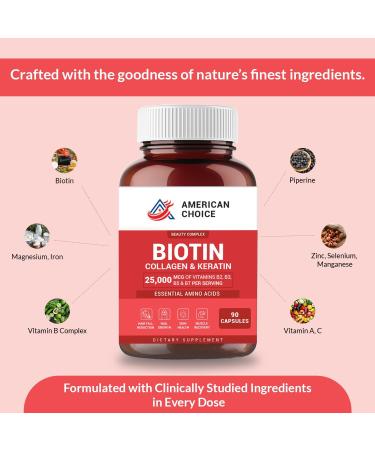 Biotin Collagen Keratin Hair Skin & Nails Vitamins Supports Hair Growth for Women & Men Promotes Radiant Skin & Strong Nails 25 000 mcg with B Vitamins Amino Acids & Minerals 90 Capsules - Buy Online on GoSupps.com