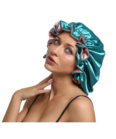 Sengterm Satin Sleep Cap for Women - Adjustable Double Layer Silk Hair Care Bonnet for Long Hair - Green-Pink L-XL - Buy Online on GoSupps.com