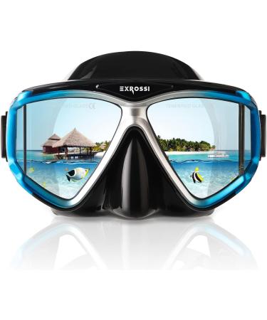 EXROSSI Scuba Diving Mask: Panoramic 4-Lens Tempered Glass Snorkel Mask with Nose Cover - Anti-Fog Goggles for Adults & Youth - Blue - Buy Online on GoSupps.com