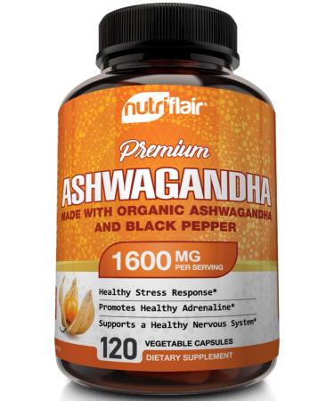 NutriFlair Organic Ashwagandha Capsules 1600mg with Black Pepper, 120 Vegan Pills - Powerful Root Powder Supplement - Stress Anxiety Relief, Immune, Mood Enhancer, Energy, Adrenal and Thyroid Support 1600 Mg