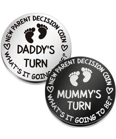 Hicarer 2 Pieces Fun New Parents Decision Coin Double Sided Decision Making Coin New Baby Pregnancy Gift for First Time Mommy Daddy Push Present for Christmas Thanksgiving Sliver and Black