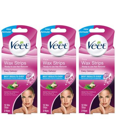 VEET ReadyToUseWaxStrips Hair Remover Face 12 ea (Pack of 3)