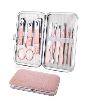 Manicure Set 10pcs Professional Nail Clippers Kit Pedicure Care Tools-Stainless Steel Grooming Tools for Travel (Pink)