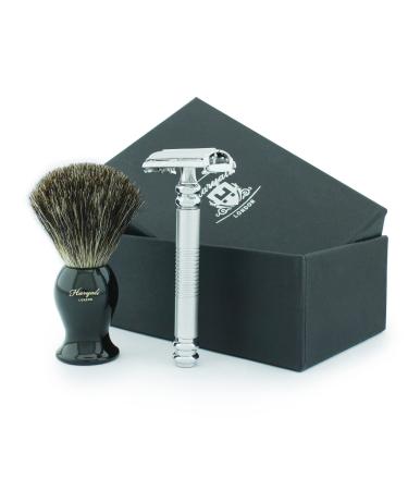 Men's Shaving Butterfly Safety Razor in Sliver with Stainless Steel Head (Blades not Included)& Black Badger Hair Brush.