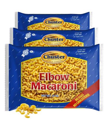 Chuster Elbow Macaroni Pasta Noodle | Vitamin Enriched | Perfect for Meat, Cheese, Butter-Based Sauces| Cooks in 15 Min | No Eggs, All Natural No Sodium, Cholesterol Free, Kosher Parve| 3 Pack - 16oz 1 Pound (Pack of 3)