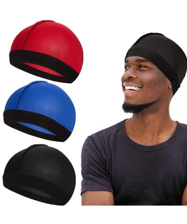 3PCS Silky Elastic Wave Cap for Men  Good Compression Over Durag Stocking Compression Caps for 360 540 and 720 Waves Black + Royal Blue + Red