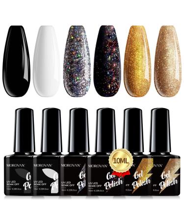 Morovan Gel Nail Polish Kit Black Golden Kit- Gel Nail Polish Set Glitter Gel Nail Polish Black Gel Polish Set with White and 4 Colors Glitter U V Gel Nail Polish 10ml 2 Classical Colors+4 Glitter Colors