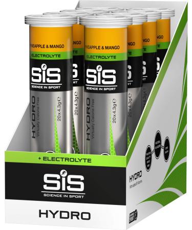 Science In Sport Hydro Hydration Tablets Gluten-Free Zero Sugar Pineapple and Mango Flavour Plus Electrolytes 20 Effervescent Tablets per Bottle (8 Bottles)
