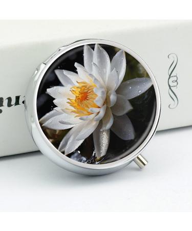 Round White Lotus Print Pill Box | 3 Compartment Portable Medicine Organizer | Decorative Metal Pocket Pill Case - Buy Online on GoSupps.com