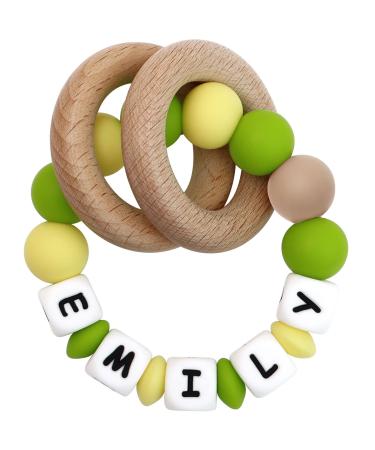 Personalized Teether Rattle Ring with Baby Name  Customizable Food Grade Silicone Sensory Chew Bracelet with Natural Organic Beech Wood Teething Rings for Baby Boys Girls(Green/Yellow)