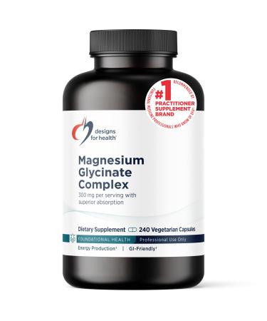 Designs for Health Magnesium Glycinate Complex - Chelated Magnesium Bisglycinate + High Absorption Magnesium for Calming & Sleep Heart Health Immune Support & Bone Strength - Vegan (240 Capsules) Unflavored 240 Count (Pac