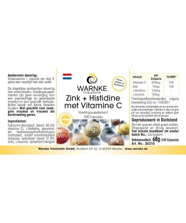 Zinc + Histidine + Vitamin C - High dosage - 300mg Vitamin C & 10mg Zinc per capsule - Vegan - 100 capsules | Warnke Vitalstoffe - Quality from German Pharmacies - Buy Online on GoSupps.com