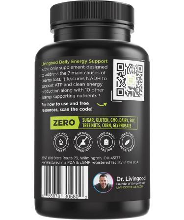 Livingood Daily Energy Supplements - Vegan B6 B12 NADH & L-Theanine | Boost Mood & Brain Health - 60 Capsules - Buy Online on GoSupps.com