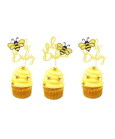 Arthsdite 24Pcs Bumble Bee Cupcake Toppers Oh Babee Cupcake Picks Oh Baby Cupcake Pick Decorations for Bee Theme Baby Shower Kids Baby Shower Birthday Party Decorations Supplies - Gold Black Glitter Bee Oh Baby Cupcake Toppers