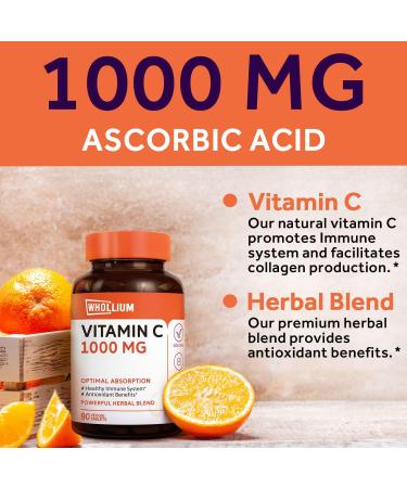Whollium Vitamin C Tablets 1000mg with Citrus Bioflavonoids, Rose Hips, Echinacea & Turmeric - 90 Tabs | High Potency Antioxidant & Immune Support - Buy Online on GoSupps.com