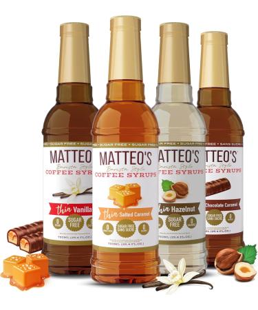 Matteo's Barista Style Sugar Free Coffee Syrup - 4 Flavor Variety Pack No Calorie & Coffee Syrup Pump Dispenser Bottle Pumps for Syrup Skinny Syrup Pump for 750ml Bottles - Buy Online on GoSupps.com