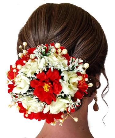 SHREEMEE Artificial White /Red Rose Flowers Pearl Hairpin/ Judapin/ Juda Bun For Wedding Bridal Hair Accessories For Women and Girls- Red - Buy Online on GoSupps.com