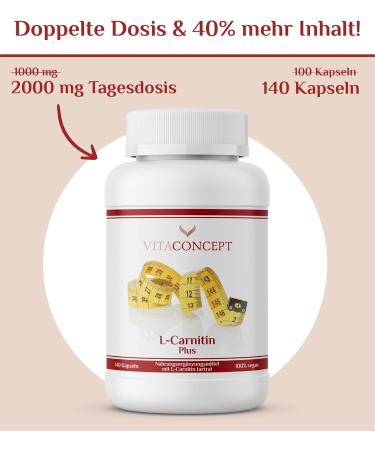 VITACONCEPT L-Carnitine 2000 mg - 140 Capsules | High Dose Laboratory Tested | Made in Germany | International Shipping Available - Buy Online on GoSupps.com