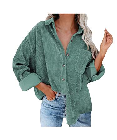 Women's Corduroy Shirts Long Sleeve Jacket Loose Casual Button Down Blouses Tops with Pockets 2-mint Green XX-Large