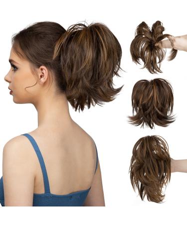 CJL HAIR Claw Clip Short Ponytail Hair Extensions Bendable Metals Messy Bun Hair piece Straight Fake Hairpieces Dark Brown / Golden Blonde 8 inch