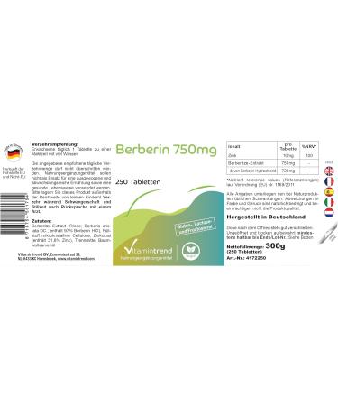 Vitamin trend Berberine HCl 750mg with zinc high dosage vegan 250 tablets Vitamintrend - Buy Online on GoSupps.com