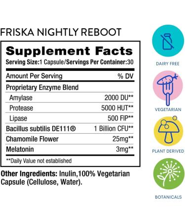 FRISKA Nightly Reboot Enzyme and Probiotics Supplement Promotes Better Digestion and Sleep Supports Gut Health for Men and Women Melatonin Chamomile 30 Capsules Nightly Reboot 30 Count (Pack of 1) - Buy Online on GoSupps.com