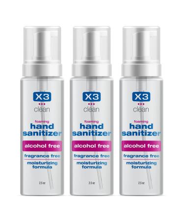 X3 Clean Foaming Hand Sanitizer Alcohol Free and Fragrance Free Kills 99.9% Germs Moisturizing Formula Travel Size 2.5 oz (3 Pack)