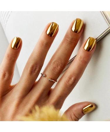 Gold Press on Nail Square Fake Nail Glue on Nail Gold Mirror Nail Design Artificial False Nails Short for Women Girls Stick On Nail for Acrylic Nails