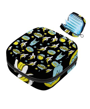 Menstruation pad bag with zipper women's napkin bag tampons collection bags for women and girls (Doodle Funny Donuts Banana Rock Stars Pattern)