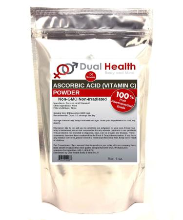 Ascorbic Acid (4 oz) Pure Vitamin C Powder High Potency Food Grade Cell and Immune Support Non-GMO Soluble Fine Crystals Antioxidant Bulk Supplements Skin Hair Bones Teeth Nails