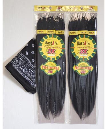 RastAfri Pre-Stretched Silky Braiding Hair 3X with Bandana - 2 Packs (1B)