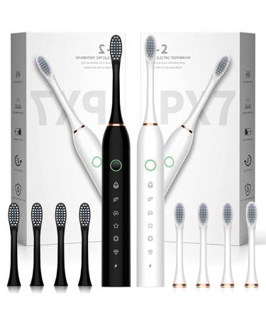Apartment 2 Cards 2 Pack Sonic Electric Toothbrush with 8 Brush Heads IPX7 Waterproof 6 Modes 42000vpm Electric Toothbrush for Adults and Kids Black+White