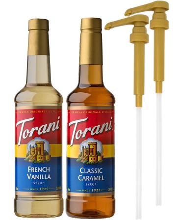 By The Cup Syrup Pumps, Fits Torani Syrup Bottles and Includes 1 of each, French Vanilla and Classic Caramel 750 ml Coffee Syrup Flavoring