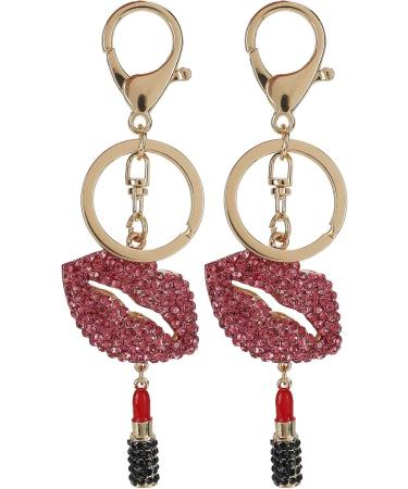 2Pcs Lips & Lipstick Sparkling Charm Keychain Set - Pink Cosmetic Bling Accessory - Buy Online on GoSupps.com