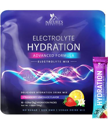 Electrolytes Powder Packets - Sugar Free Hydration Recovery Powder with Potassium Magnesium Sodium Zinc & Vitamin C Sugar Hydration Electrolyte Liquid Drink Mix Vegan Strawberry Lemon (16 Pack) 3.36 Ounce (Pack of 1)