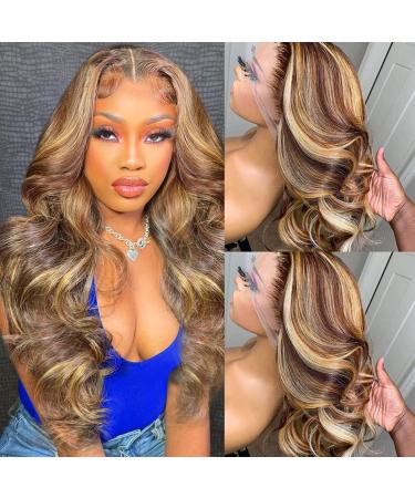 Highlight Ombre Lace Front Wig Pre Plucked 13x4 HD Transparent 4/27 Honey Blonde lace frontal Wigs with Baby Hair 150% Density Colored Body Wave Lace Front wig Human Hair for Women 20 Inch 20 Inch 13x4 highlight Lace fro...