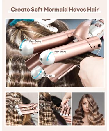 CkeyiN 3 Barrel Hair Waver 32mm - Professional Hair Crimper for Long Hair - 16 Temperatures Adjustable - Fast Heating Curling Wand - Rose Gold - Buy Online on GoSupps.com