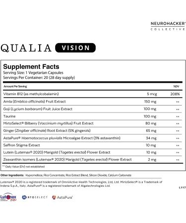 Qualia Vision Eye Vitamin Supplement | 10+ Clinically Researched Ingredients | Lutein, Zeaxanthin, Bilberry, Goji, Amla Fruit | Vegan, Non-GMO, Gluten-Free - Buy Online on GoSupps.com