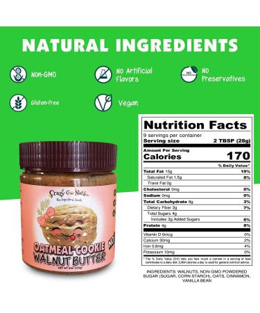 Crazy Go Nuts Walnut Butter - Oatmeal Cookie  9 oz (1-Pack) - Healthy Snacks  Keto  Vegan  Low Carb  Gluten Free  Superfood - Natural  Non-GMO  ALA  Omega 3 Fatty Acids  Good Fats and Antioxidants 9 Ounce (Pack of 1) - Buy Online on GoSupps.com