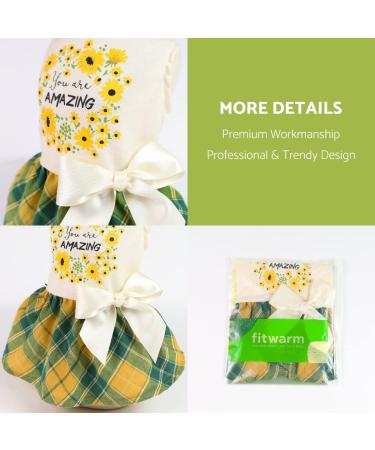 Fitwarm Amazing Floral Dog Dress for Small Dogs - Daisy Sleeveless Puppy Sundress in Green Yellow Plaid - Summer Cat Apparel - 100% Cotton - Buy Online on GoSupps.com