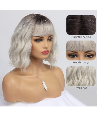 Bestung Short Ombre Silver Wavy Bob Wig with Bangs - 12 Medium Length Synthetic Hair Water Wave Dark Roots Wig for Women - Buy Online on GoSupps.com