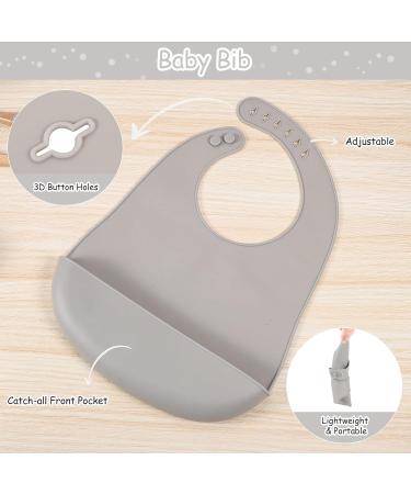 Silicone Baby Weaning Set 6 Pcs - Adjustable Bib, Divided Plate, Suction Bowl, Cup, Fork & Spoon - Grey - Ideal for Babies, Toddlers & Kids - Buy Online on GoSupps.com